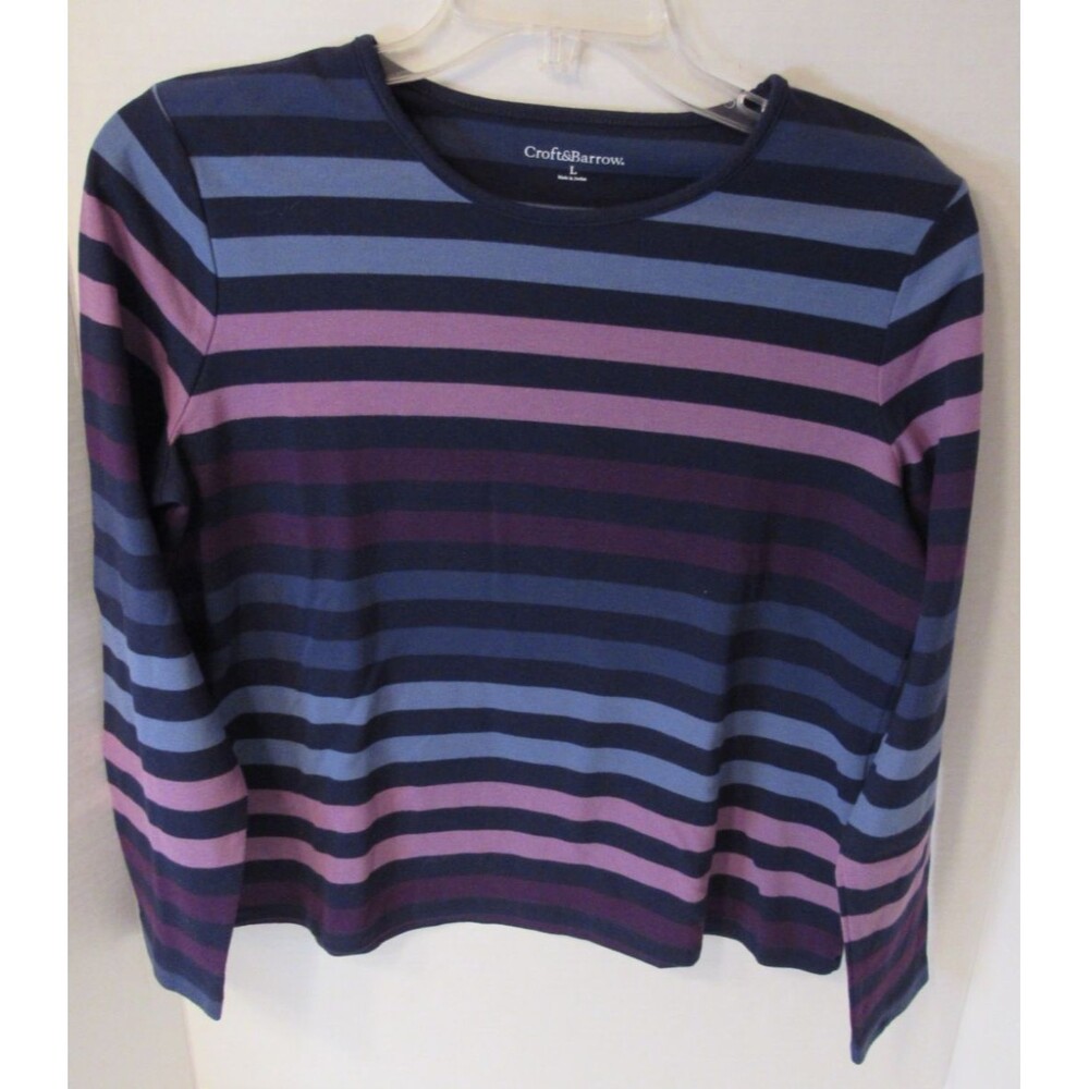 Croft & Barrow Blue Pink Purple Striped Long Sleeve Shirt Womens Large Crew neck